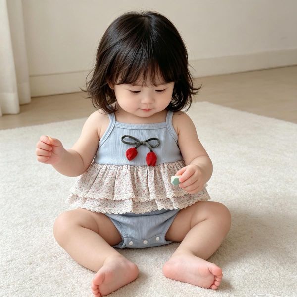 螺紋坑條鬱金香雙層蕾絲包屁衣 