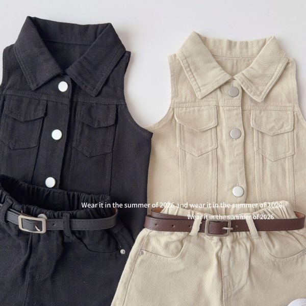 復古港風翻領背心式兩件套套裝(附皮帶) 