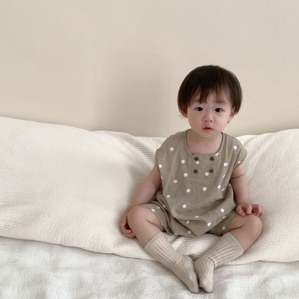 棉麻透氣點點雙口袋連身裝 