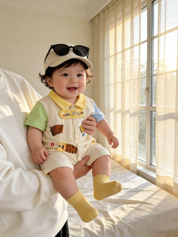 撞色翻領拼袖娃娃小獅子連身裝 