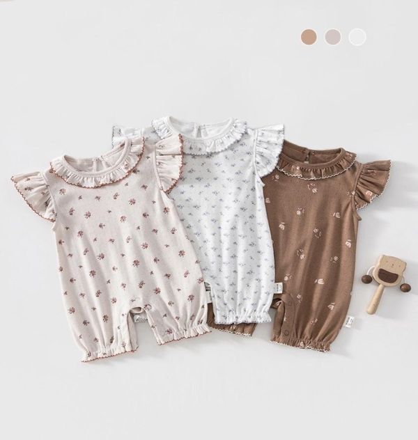 碎花彈力微孔花領飛袖連身裝 