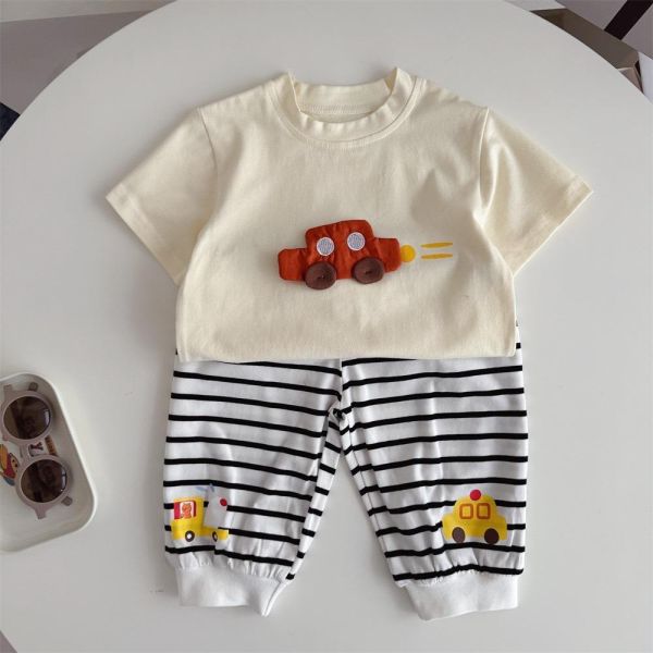 立體大象/汽車上衣+條紋長褲套裝 