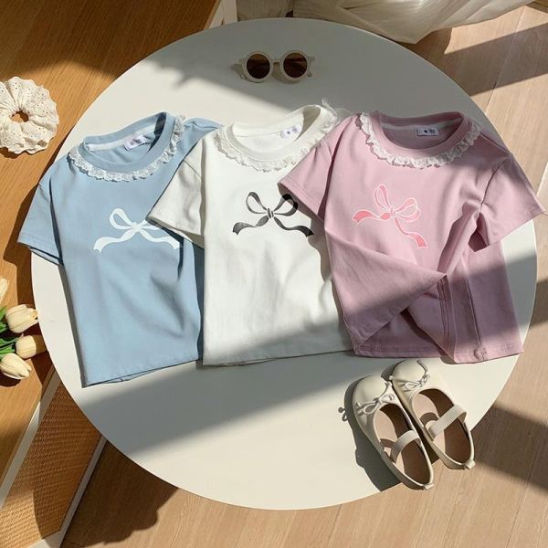 大蝴蝶結印花蕾絲領口上衣 