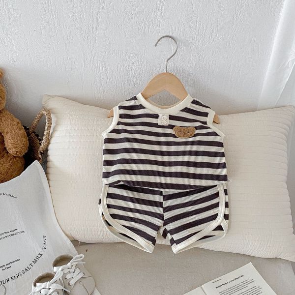 華夫格條紋小熊布標背心套裝 