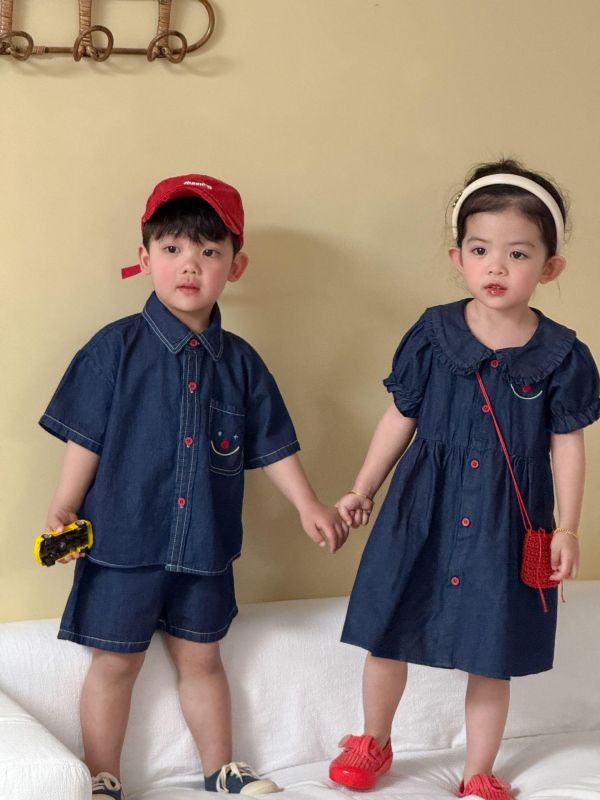 男女童笑臉牛仔襯衫布套裝/洋裝 