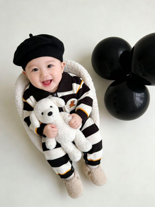 小熊圓標翻領條紋連身裝(3色) 