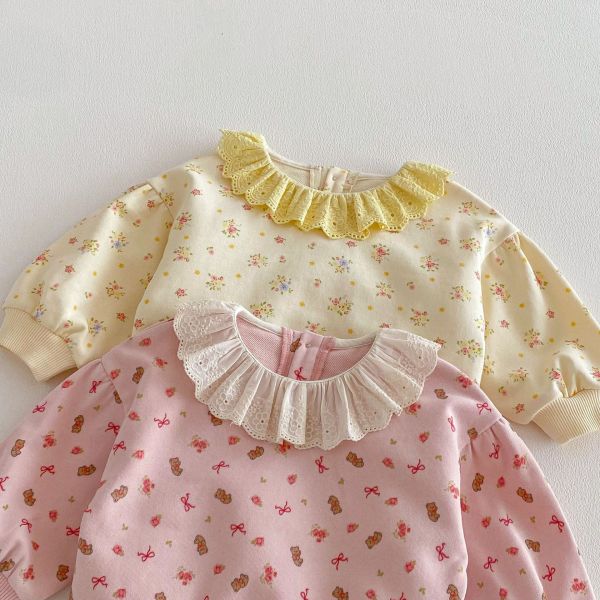 滿印碎花/小熊蕾絲花領上衣 