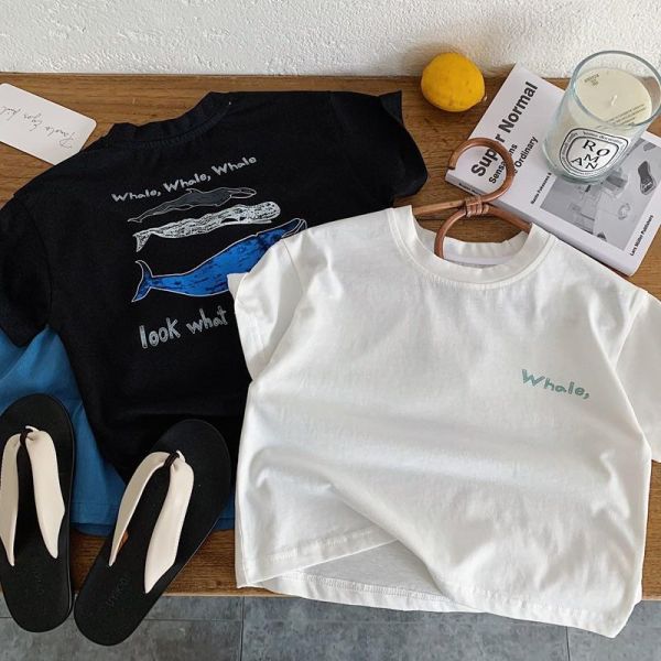 海洋動物鯨魚印花素色上衣 