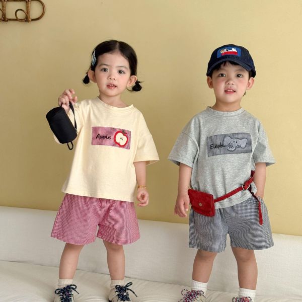 蘋果/大象布標上衣+格紋短褲套裝 