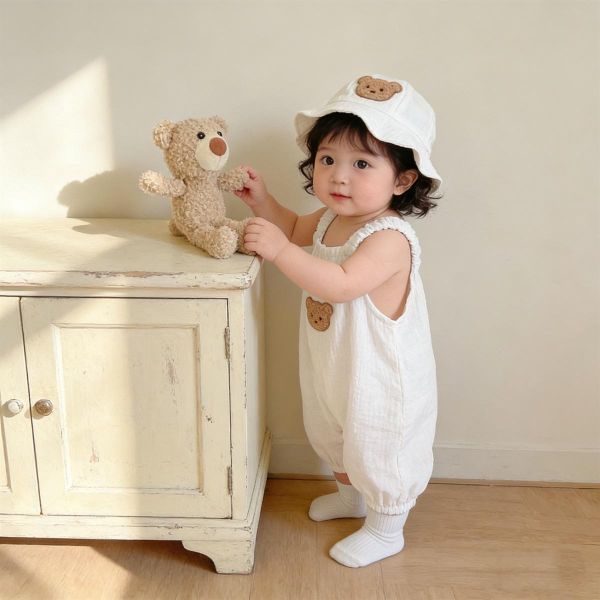 紗布棉小熊布標背帶連身褲+帽 
