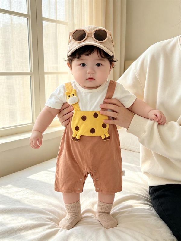 假兩件長頸鹿貼布吊帶連身裝 