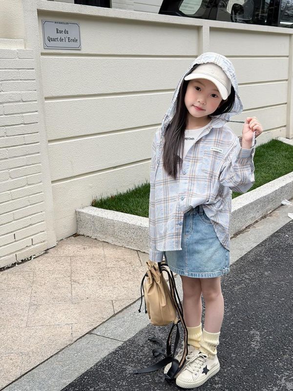 親子-經典格紋後字母連帽薄上衣 