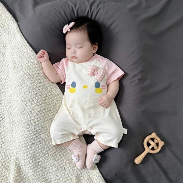 立體蝴蝶結可愛貓咪印花拼袖連身裝 