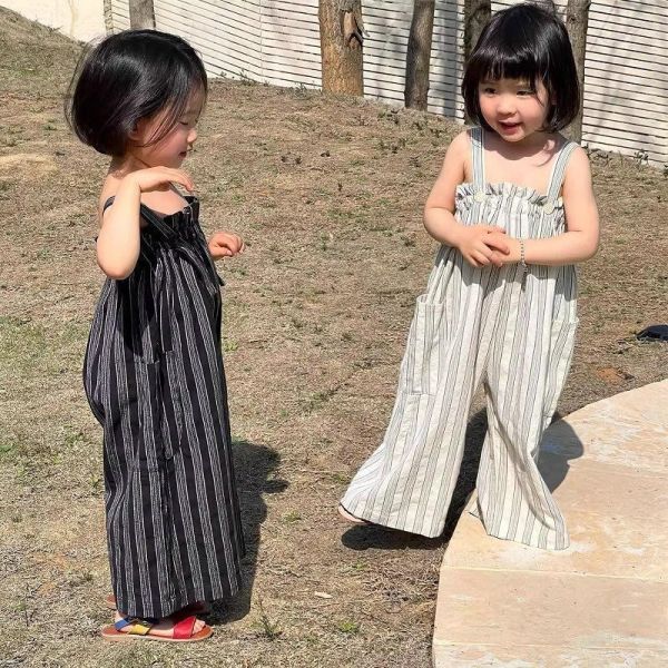 雙色豎條紋雙口袋吊帶連身褲 