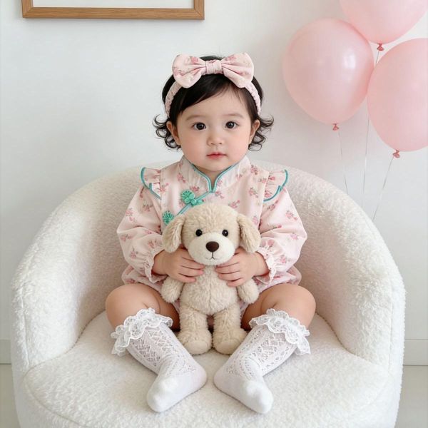 復古甜美旗袍式包屁衣+髮帶 