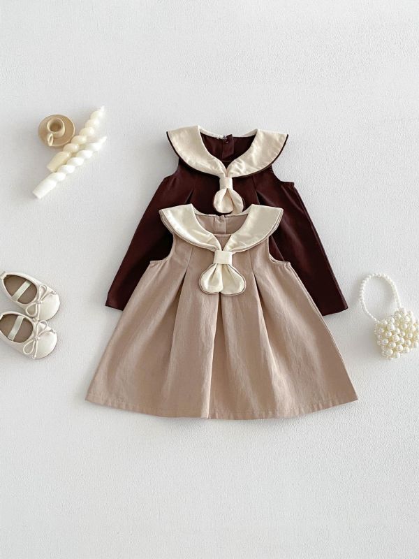 學院風領結削肩連身洋裝 