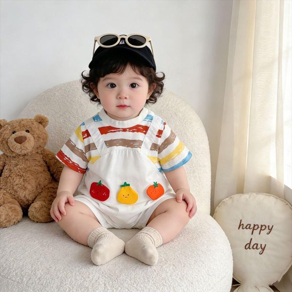 假兩件條紋上衣番茄吊帶褲 