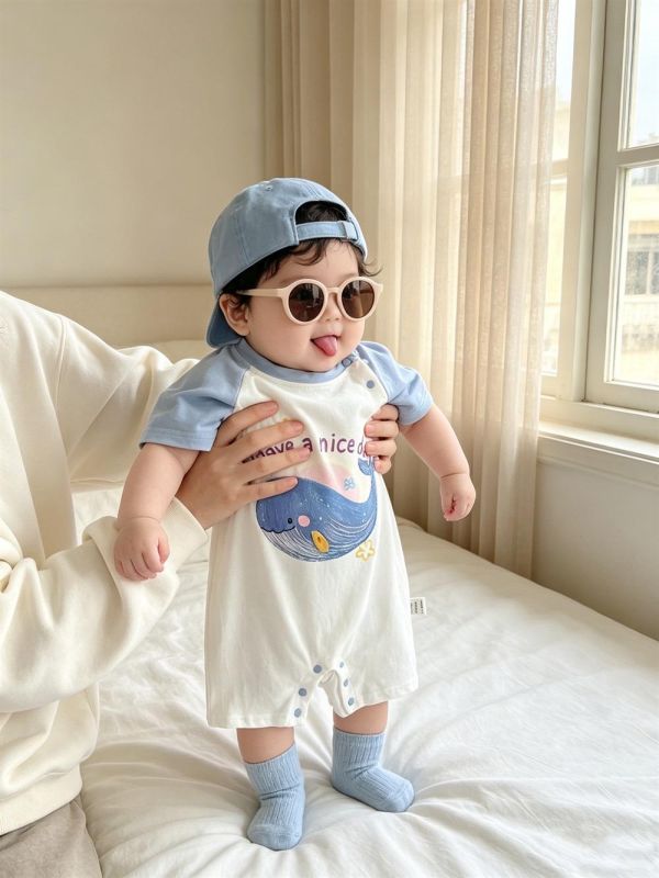 海洋鯨魚印花拼袖連身裝 