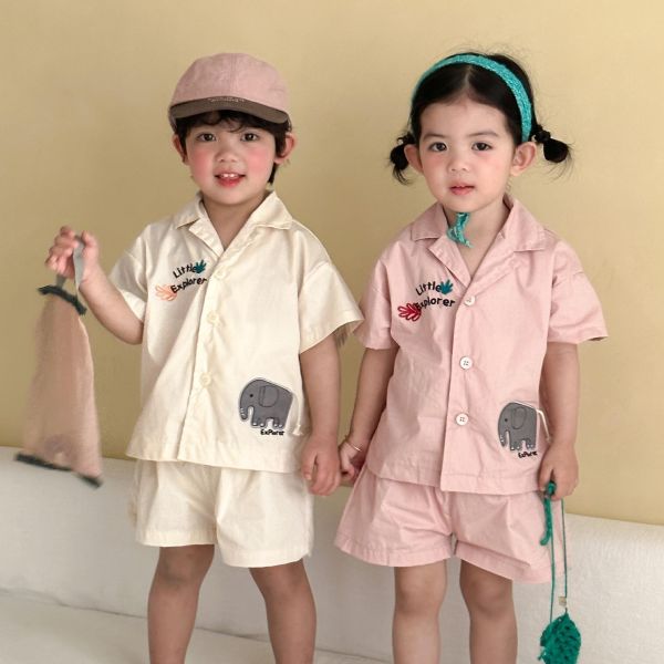 大象字母刺繡襯衫兩件式套裝 