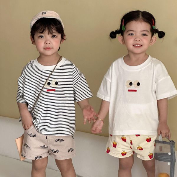 可愛表情貼布簡約素色/條紋上衣 