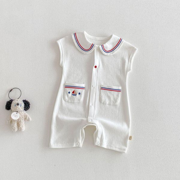 海軍風翻領素色雙口袋連身裝 