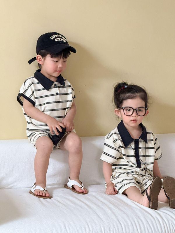 男女童經典條紋翻領套裝/洋裝 