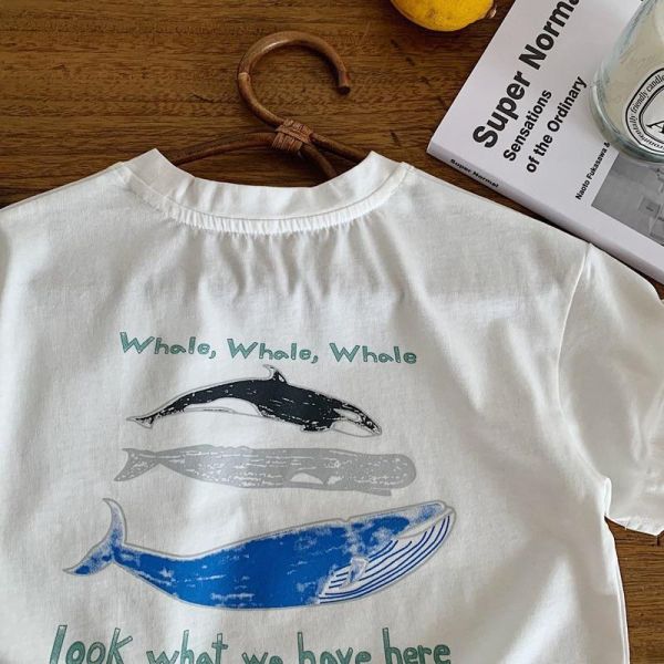 海洋動物鯨魚印花素色上衣 