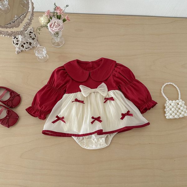 假兩件娃娃領澎袖蝴蝶結包屁裙 