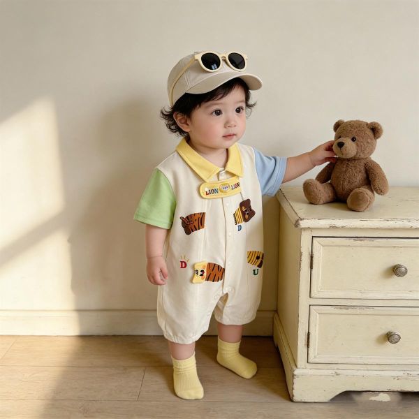 撞色翻領拼袖娃娃小獅子連身裝 