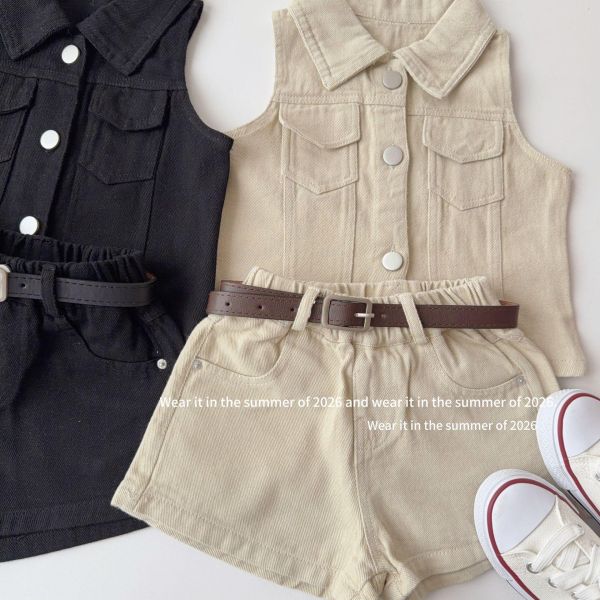 復古港風翻領背心式兩件套套裝(附皮帶) 