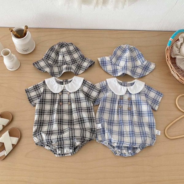 復古娃娃領格紋包屁衣+帽 