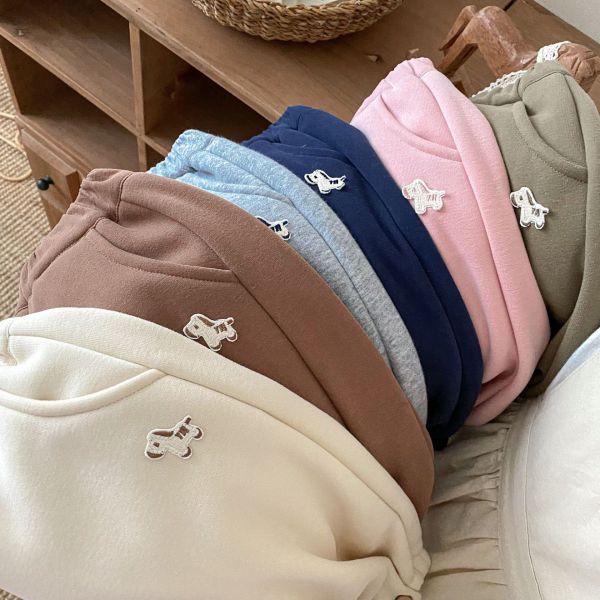 素色小馬刺繡加厚棉質長褲 