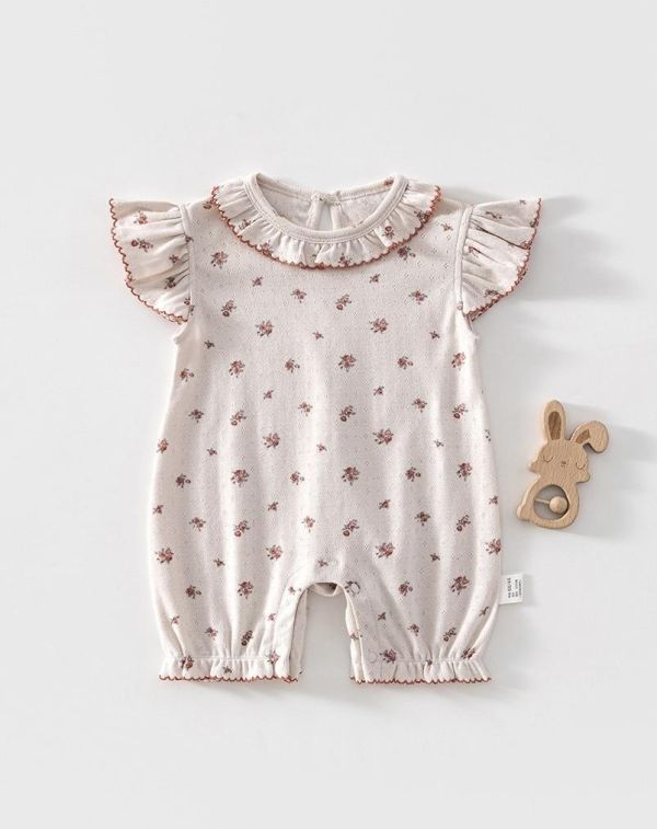 碎花彈力微孔花領飛袖連身裝 