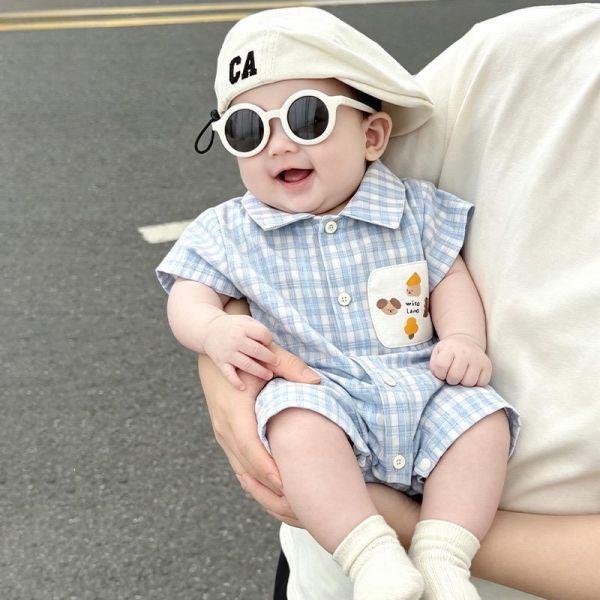 塗鴉貼布格紋翻領連身裝 