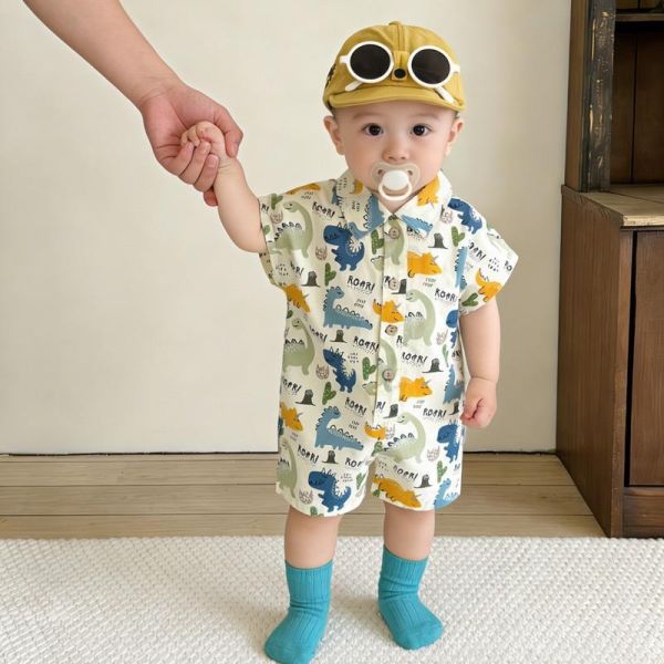 滿印恐龍翻領開釦連身裝 