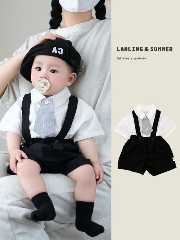 可拆式大象領帶襯衫+西裝吊帶短褲套裝 