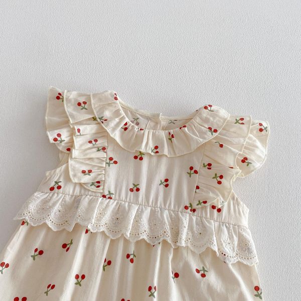 滿印櫻桃蕾絲荷葉連身裝 