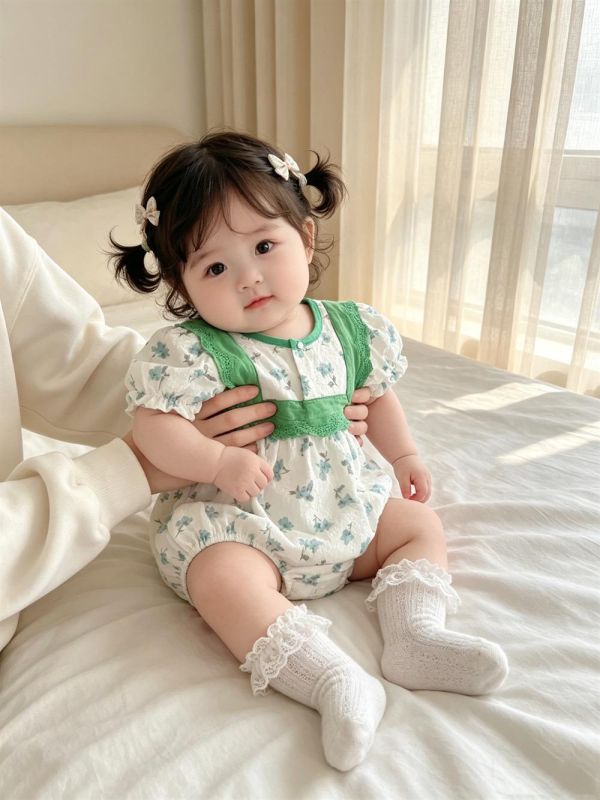 田園碎花綠方領包屁衣 