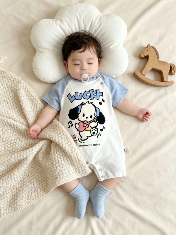 拼袖可愛長耳狗狗印花連身裝(贈襪) 