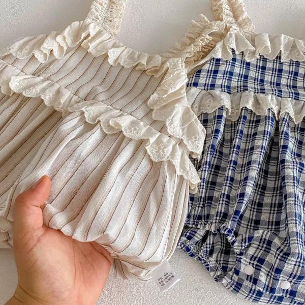 蕾絲拼接格紋/條紋背帶包屁衣 