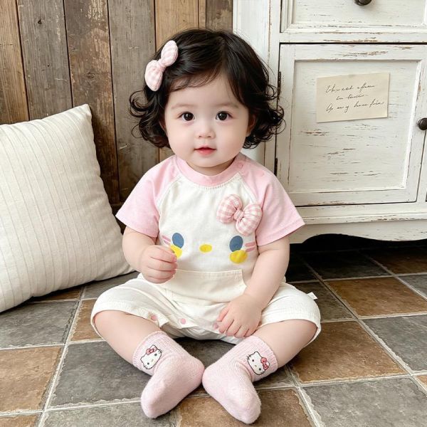 立體蝴蝶結可愛貓咪印花拼袖連身裝 