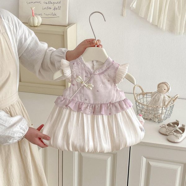 復古旗袍拼接澎裙連身裙 