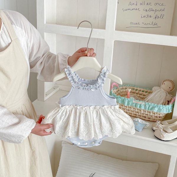 甜美螺紋蕾絲拼接包屁裙 