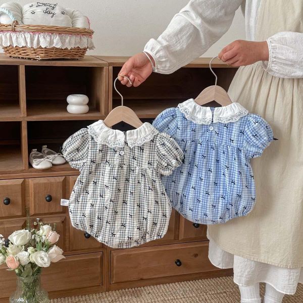 蝴蝶結格紋蕾絲花邊領包屁衣 