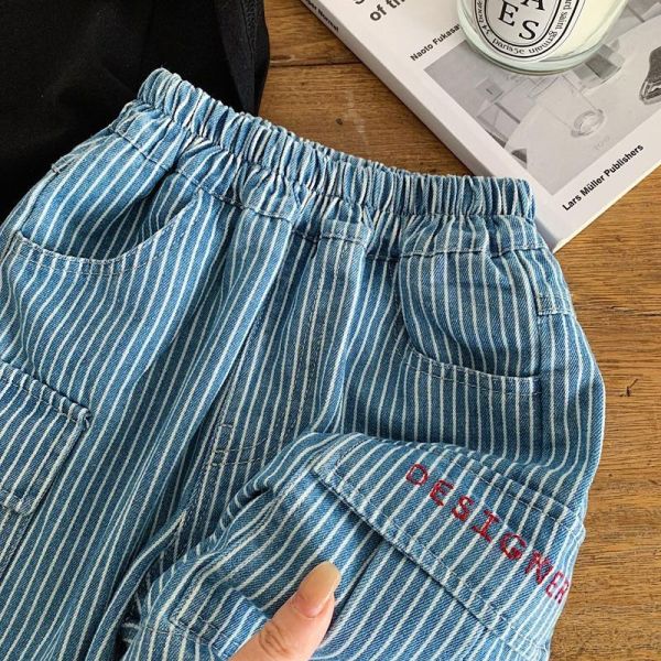 豎條紋牛仔雙口袋五分短褲 