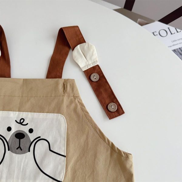 翻領條紋上衣+小熊布標吊帶褲套裝 