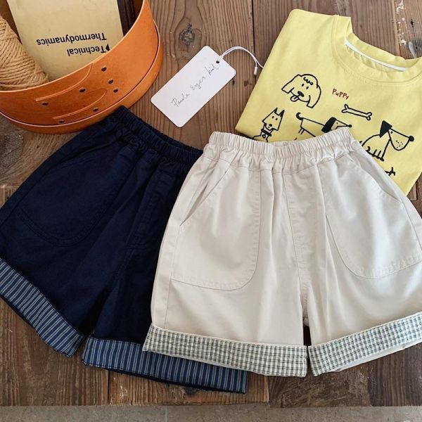 反摺紋紋/條紋素色短褲 