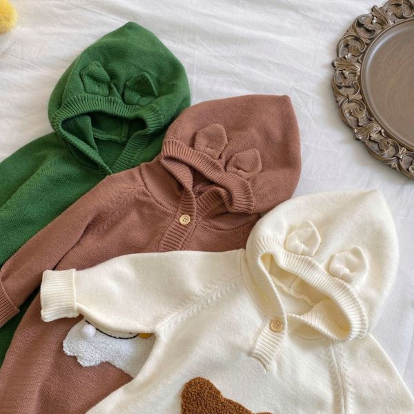 可愛動物刺繡針織連帽連身裝 