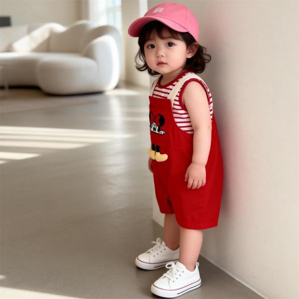 條紋背心+迪士尼卡通吊帶褲套裝 