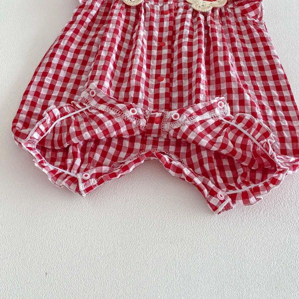 草莓刺繡翻領格紋連身裝 